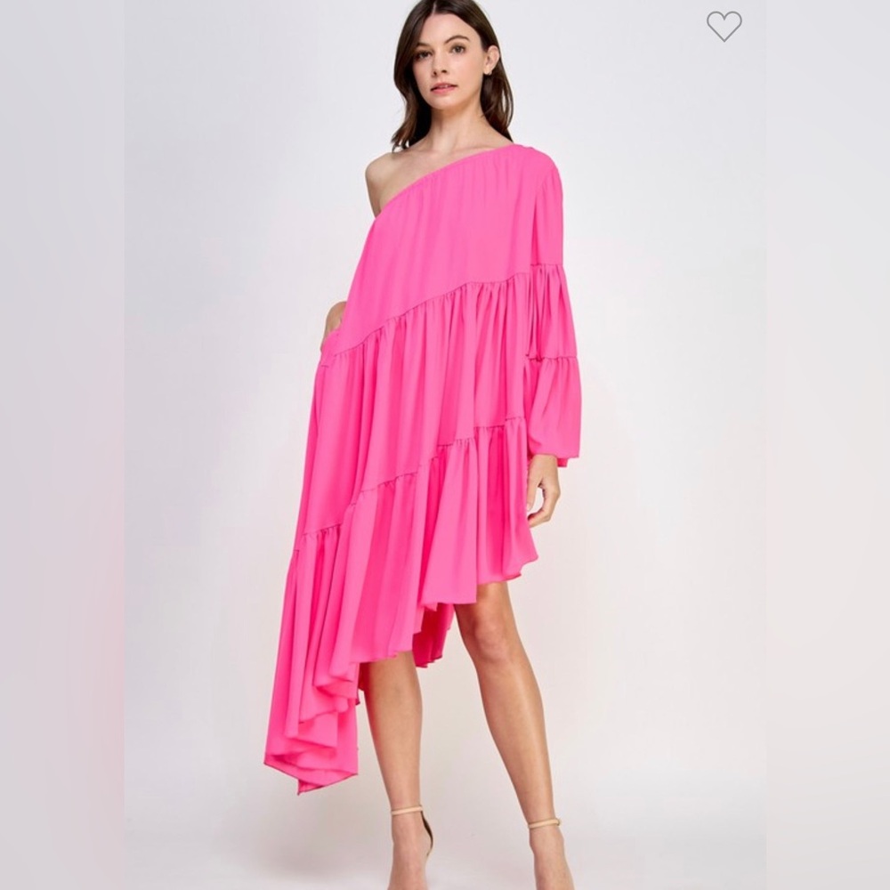 Asymmetrical One-Shoulder Ruffle Dress in Bright Pink